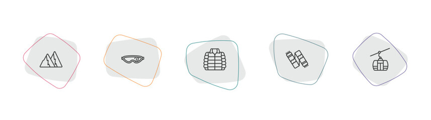 winter outline icon set. linear vector for ui, web and mobile. thin line snowy mountain, safety glasses, anorak vest icons. © Farahim