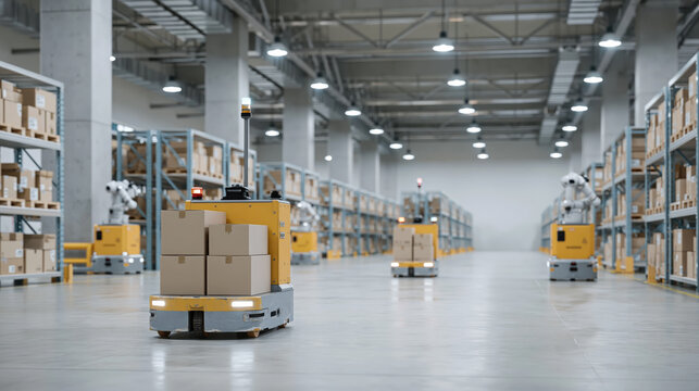 Smart logistics warehouse interior featuring automated robots transporting cardboard boxes along aisles expressing quiet efficient atmosphere