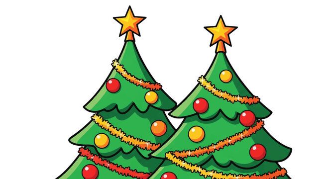 Two decorated cartoon Christmas trees with stars on a white background.