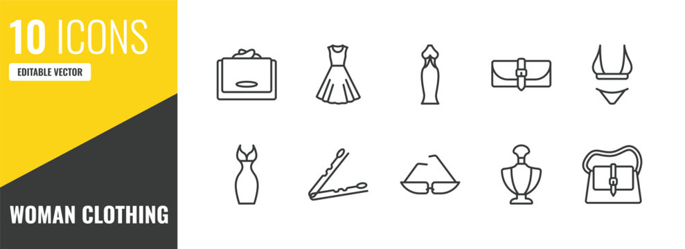woman clothing outline icon set. 10 linear vector for ui, web and mobile. thin line wallet, vintage dress, long black gown icons.