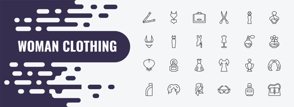 woman clothing outline icon set. linear vector for ui, web and mobile. thin line female swimsuit, wallet, long dress icons.