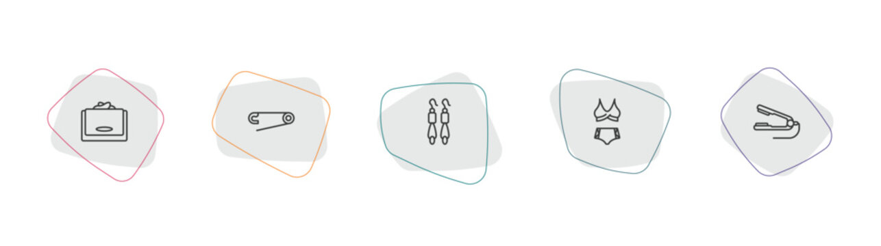 woman clothing outline icon set. linear vector for ui, web and mobile. thin line wallet, perdible pin, dangling earrings icons.