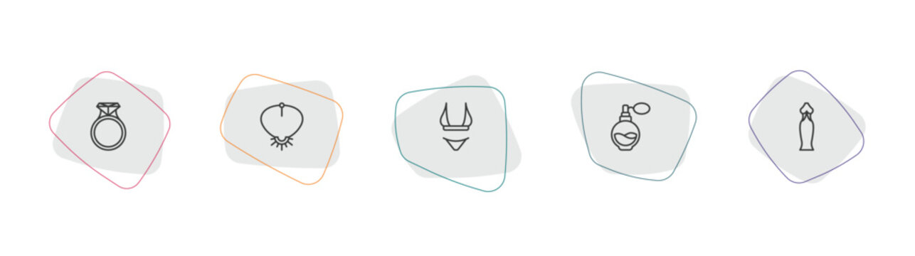 woman clothing outline icon set. linear vector for ui, web and mobile. thin line engagement ring, necklace, string bikini icons.