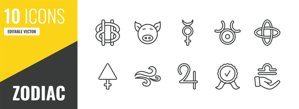zodiac outline icon set. 10 linear vector for ui, web and mobile. thin line wisdom, good luck, mercury icons.
