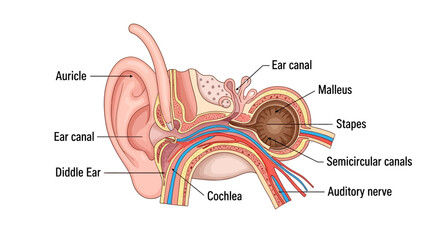 Detailed Diagram of Human Ear Anatomy with Labeled Parts. © faizz