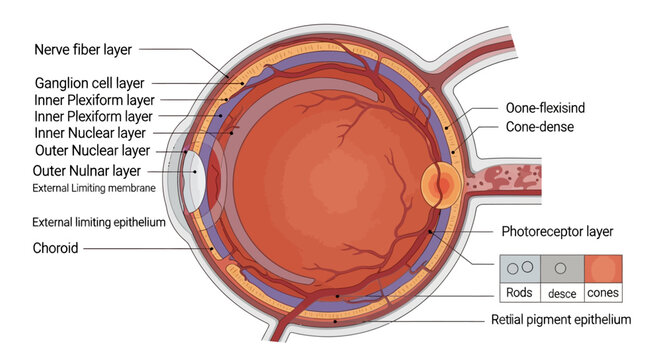 Detailed Cross-Sectional Diagram of the Human Eye with Labeled Layers and Structures.