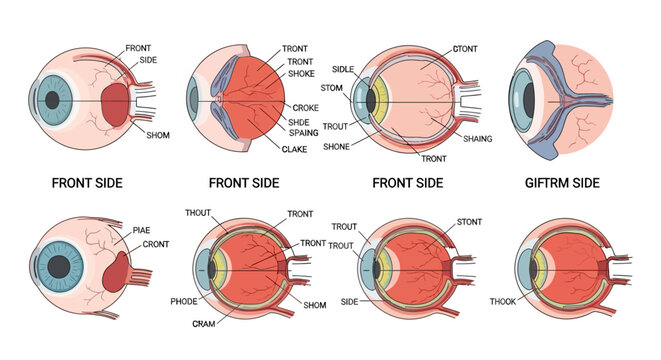 Detailed Human Eye Anatomy Diagram with Various Views and Labels.