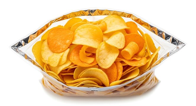 Golden crispy tortilla chips in a paper bag