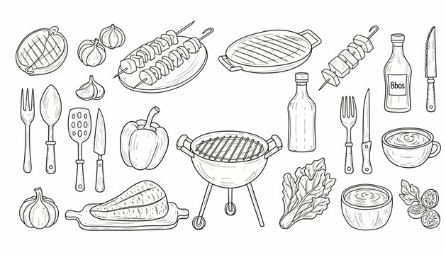 Hand-drawn barbecue and grilling essentials set for outdoor cooking.