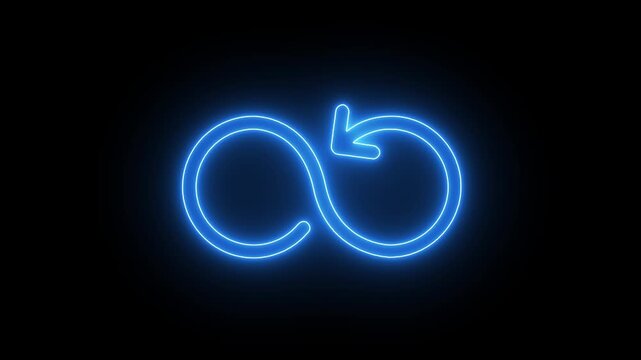 Glowing blue neon infinity loop symbol with arrow animation on black background, sign