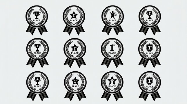 Design award ribbons with circular medallions featuring trophies, stars, shields, and placement text (1st, 2nd, 3rd) in bold monochrome style.