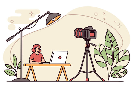 Tworzenie treści w domowym studiu &ndash; kobieta przy laptopie i kamera na statywie, nagrywanie wideo, praca kreatywna i marketing.