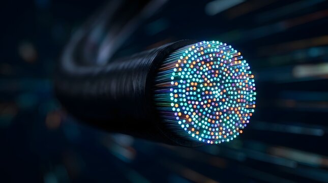 Close-up view of a colorful fiber optic cable glowing brightly