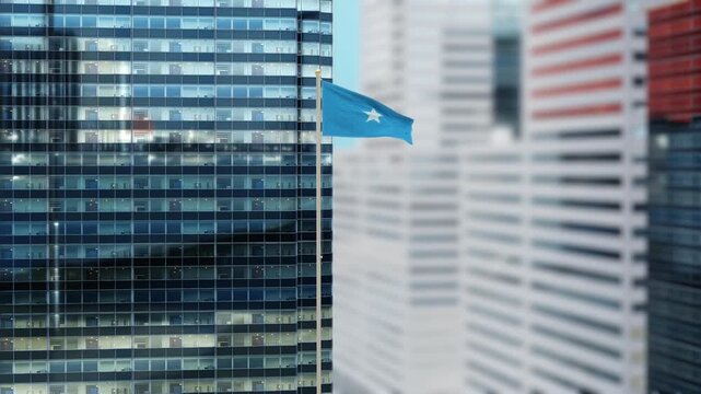Somalia Flag 3D Render Animation on Pole with Modern City Buildings - Shallow Depth of Field, Daytime View