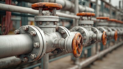 Fototapeta premium Close-Up of Industrial Pipe System with Valves and Flanges in a Petroleum Processing Facility for Energy Sector Use