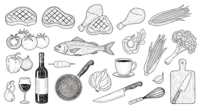 Hand-drawn sketch collection of various food items and kitchen utensils.