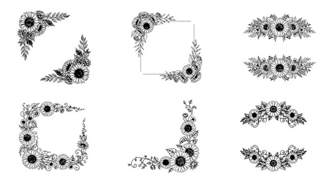 Set of hand drawn sunflower flower frames and corner borders for wedding cards