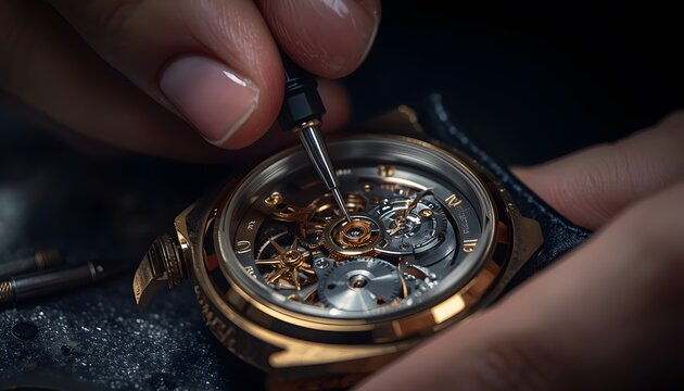 Watchmaker hands adjusting internal clockwork mechanism in workshop with macro focus and cinematic lighting for luxury horology marketing