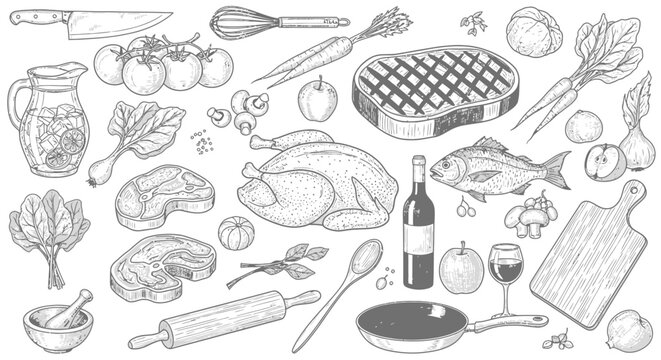 Hand-drawn sketch of various cooking ingredients and kitchen utensils.