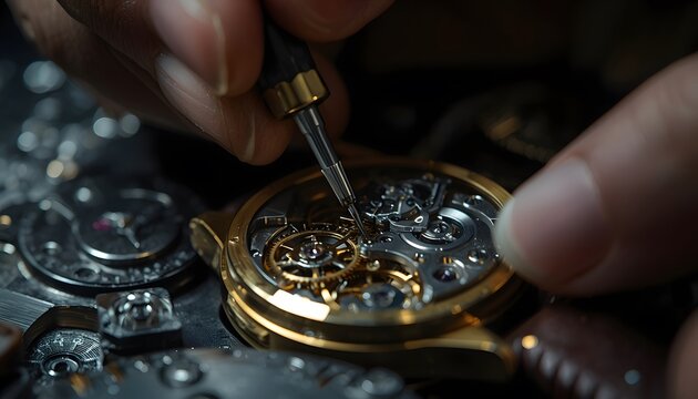 Watchmaker hands calibrating mechanical movement with micro-screwdriver in macro shot for luxury horology brand advertising