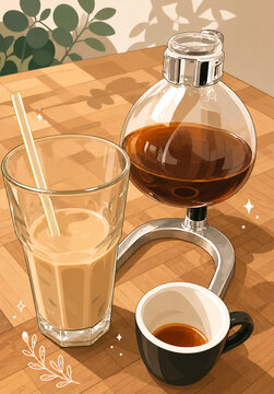 AI generated illustration of iced coffee with straw and siphon coffee brewer on wooden table with plant shadow, cozy cafe aesthetic