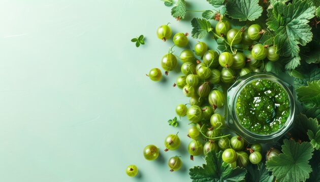 Top view of fresh green gooseberries and leaves with copy space for text or design