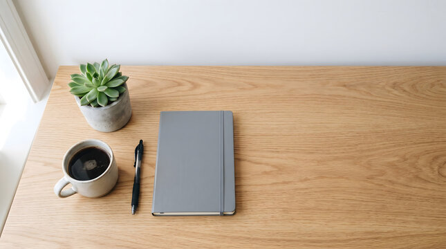 Minimalist Home Office Desk Setup with note and Coffee