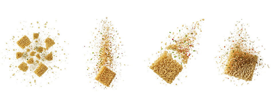 Four floating instant noodle blocks with scattered dry seasoning on black