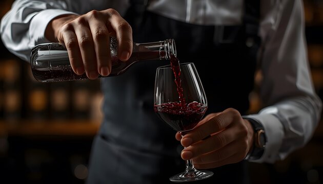 Red wine pouring into a crystal glass held by sommelier hands in moody cellar with sharp focus for premium hospitality advertising