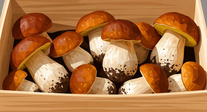 Fresh porcini mushrooms in a wooden crate illustration. Stylized low-poly Boletus edulis with brown caps and thick stems. Organic foraging concept for culinary and harvest marketing.