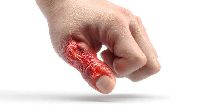 Trigger finger injury with exposed tendons and muscles on human hand