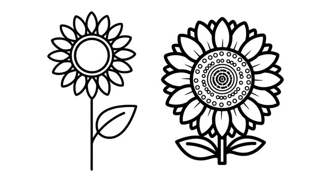 Two simple black and white sunflower line art illustrations for coloring page