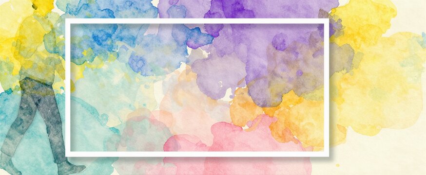 Watercolor Style Graphic With Vibrant Hues Of Yellow Blue Purple Green Orange Pink Red Blend Together In Abstract Fashion Foreground Semi Transparent