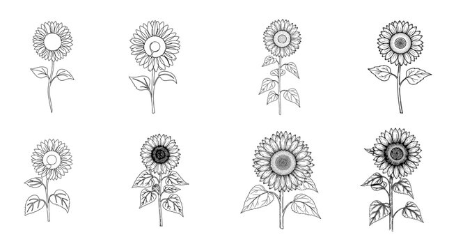 Set of hand drawn sunflower sketches in black and white ink line art style
