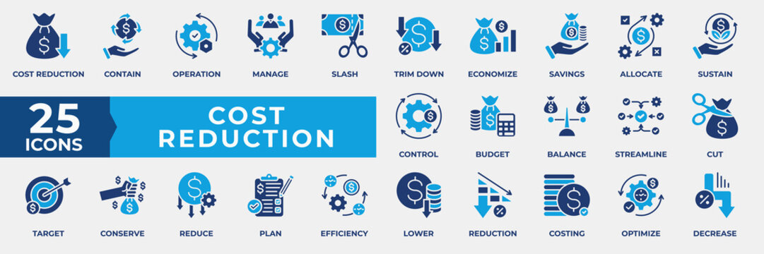 Cost Reduction Icon Set. Containing cost, operation, management, finance, trim down, economize, savings, allocate, sustain, control, budget, balance and more. Simple Flat Blue Vector Illustration.