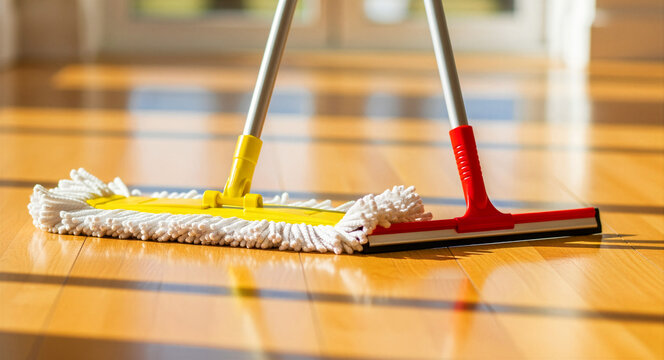 Yellow flat mop and red squeegee on a polished wooden floor. Professional cleaning tools in a bright, sunlit domestic interior. Housekeeping and floor maintenance concept for residential marketing.