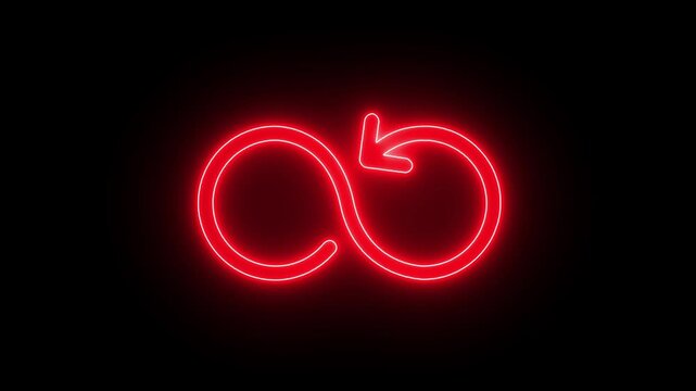 Red neon infinity loop symbol with rotating arrow animation on black background, glowing