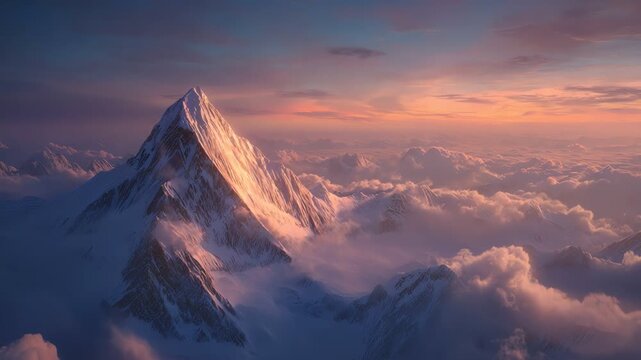 A breathtaking view of a majestic mountain peak rising above soft, fluffy clouds under a serene sunset, showcasing nature's beauty and grandeur.