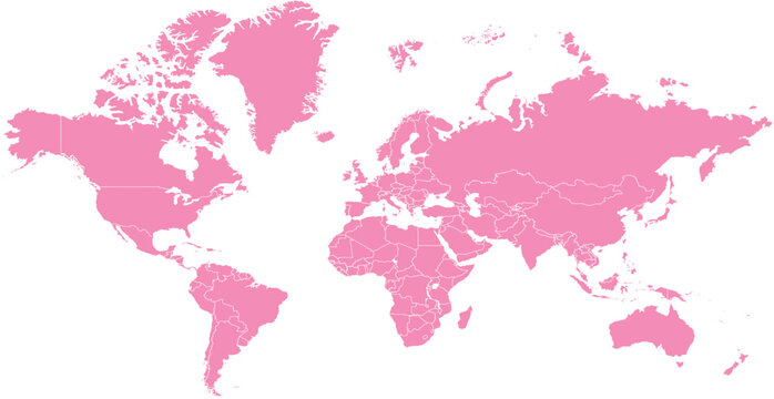 Pink World Map, Global Vector Map, Pink Globe Illustration, Flat World Map