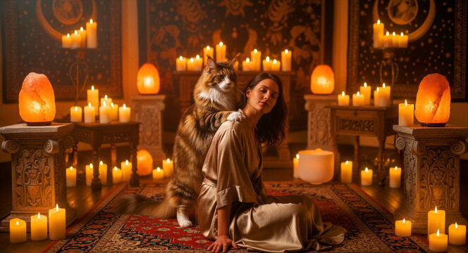 Maine Coon cat giving massage to a woman in a room filled with candles. Young woman relaxing during a spiritual ritual with salt lamps. Healing wellness and pet therapy concept for holistic health.