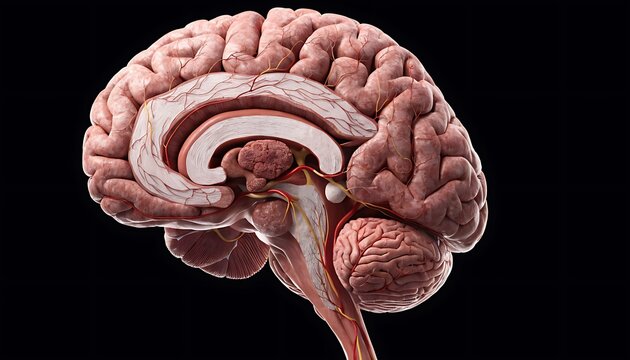 detailed 3d human brain cross section anatomy illustration on black background