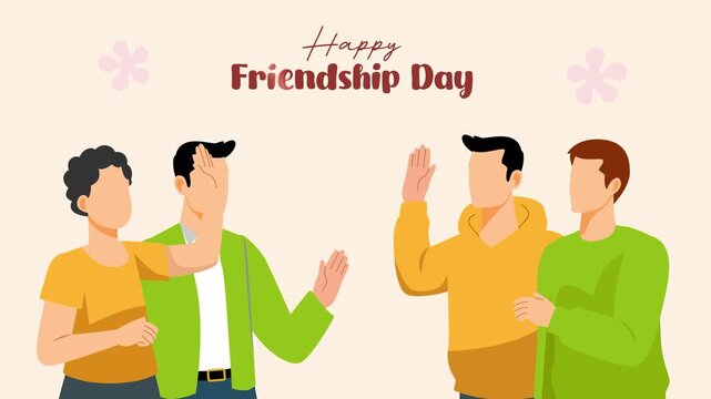 Group of friends greeting each other happily. Friendship day concept. Full length Icon animation illustration. High quality&nbsp;4k&nbsp;footage