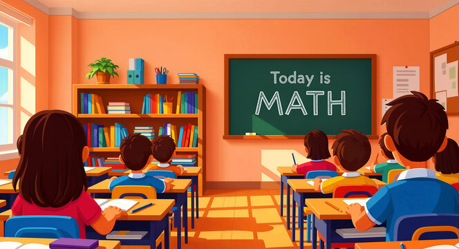 Students sitting at desks in a classroom during a math lesson. Children focus on studies in a primary school environment. Elementary education concept, ideal for academic marketing materials.