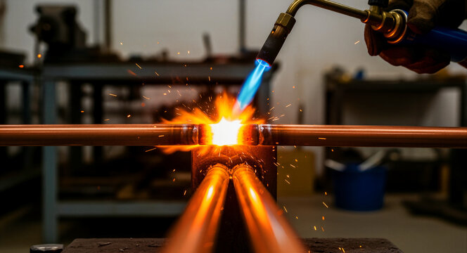 Close-up of a worker using a gas torch to braze copper pipes with intense blue flames and sparks. Gloved hand operates welding equipment in a workshop. Industrial plumbing repair and HVAC concept.