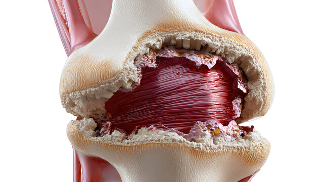Detailed medical illustration of a pcl tear in a human knee joint showing damaged ligament and bone structure