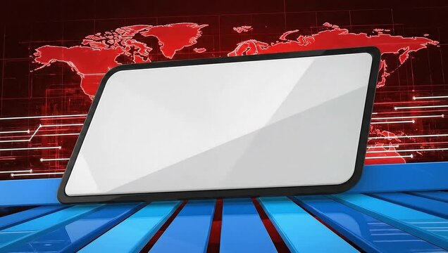 Abstract technology animation with virtual screen on blue and red background.