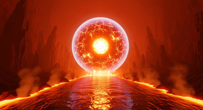 Glowing energy sphere floating over a lava river in a volcanic cavern. The cracked orb radiates intense heat across jagged rock walls. Sci-fi fantasy core concept, ideal for gaming backgrounds.