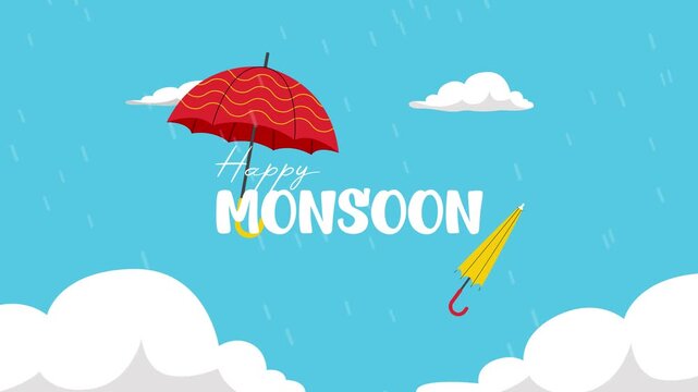 Red umbrella under rainy cloudy sky. Monsoon day concept. Full length Icon animation illustration. High quality&nbsp;4k&nbsp;footage