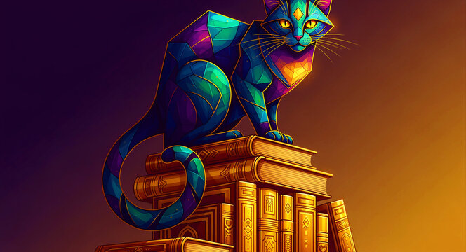 Stylized geometric cat sitting atop a stack of vintage books. Vibrant mosaic art style featuring stained glass patterns and glowing colors. Concept ideal for education, literacy, and art projects.