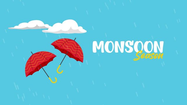 Umbrellas flying in strong rainy wind. Monsoon day concept. Full length Icon animation illustration. High quality&nbsp;4k&nbsp;footage